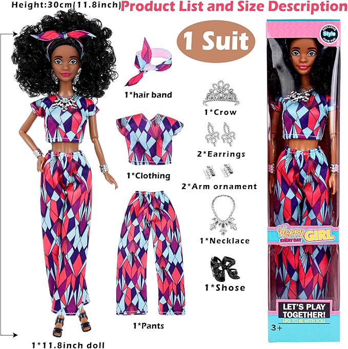 dollbie 6 Pack African American Fashion Dolls Set with Mix & Match Outfits – 11.5" Posable Black Dolls & 5 Accessories Each (Crown, Necklace, Headscarf & More) + Pink Gift Case