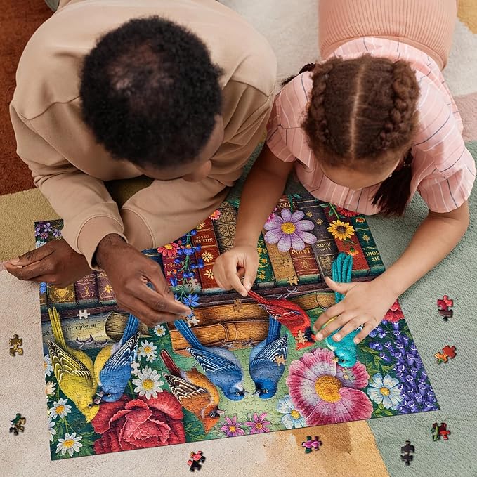 Flower Birds Puzzles for Adults 1000 Pieces, Wildflowers Bookshelf Jigsaw Puzzles, Challenging Spring Animal Puzzle as Home Wall Art Decor