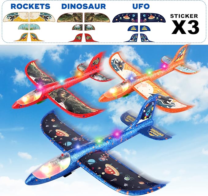 3 Pack Foam Airplane Launcher Toy with 3 DIY Stickers, 12.6" Glider Led Plane, Catapult Plane Boy Toys, Outdoor Sport Flying Toys for Kids Birthday Gifts for 4 5 6 7 8 9 10 11 12 Year Old Boys Girls