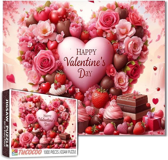 Candy Hearts Puzzle 1000 Piece Valentine's Day Jigsaw Puzzle for Adults–Heart Roses Chocolates Puzzles Challenging Decor Puzzle & Unique Gift Idea for Girlfriend boyfriend-19.7 x 27.6 in