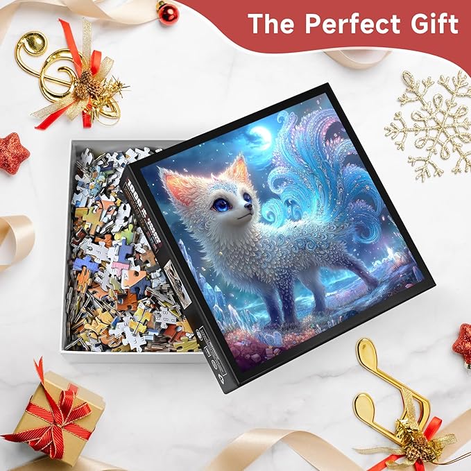 Enchanted Crystal Nine-Tailed Fox 1000 Piece Puzzle for Adults - Fantasy Mythical Creature, Moonlit Forest, Poster & Lettered Back, 22.8" Square HD, Gift for Myth Lovers
