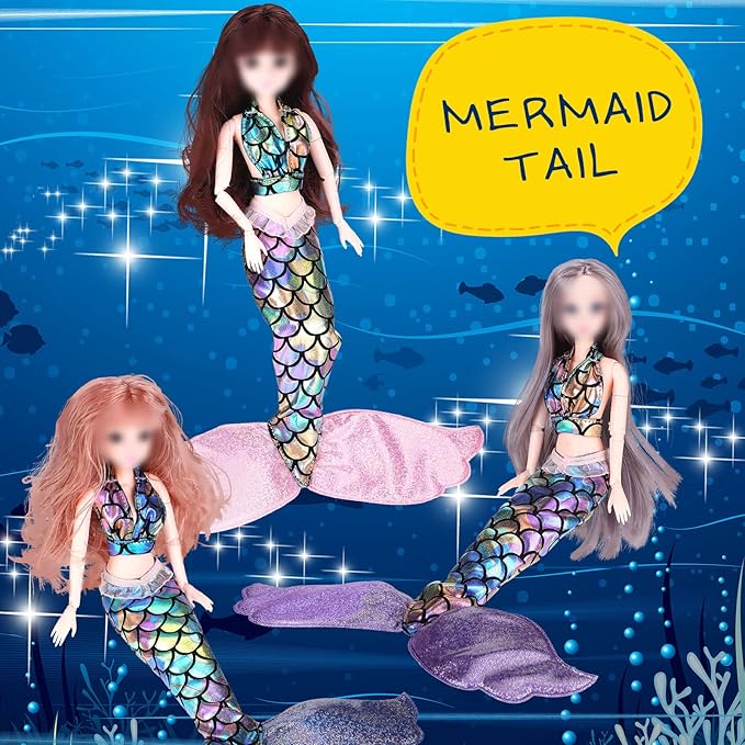 3 Sets Mermaid Doll Accessories Clothes Tail Dress Set Colorful Bikini Swimwear for 11.5-12 Inch Doll(Cute Style,Blue, Pink, Purple)