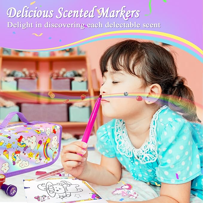 56 PCS Washable Scented Markers with Glitter Pencil Case, Unicorn Arts and Crafts for kids 4-6-8 Kids Coloring Drawing Kits for 4-8 Years Old Girls Xmas Gifts Stocking Stuffers (Purple, Purple)