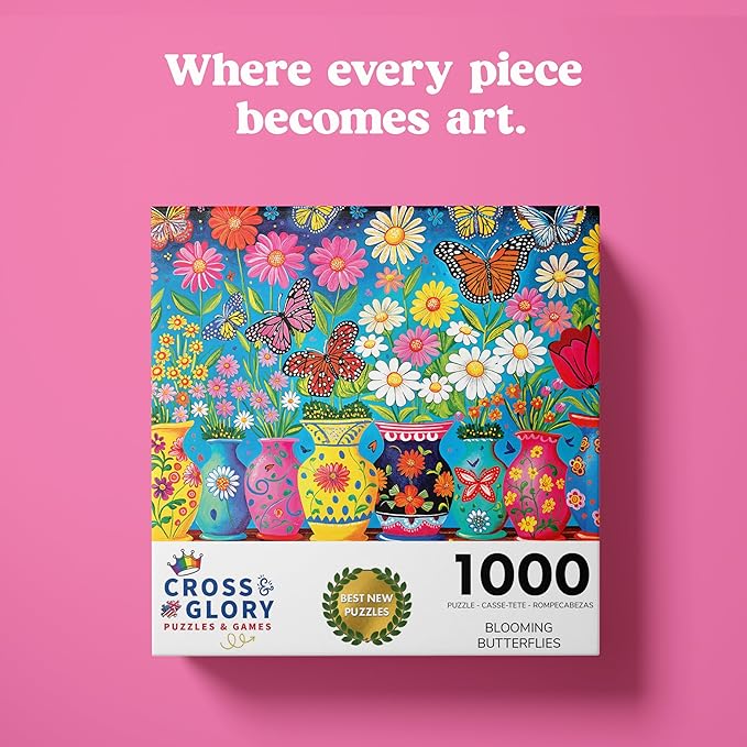 Cross & Glory - 1000 Piece Jigsaw Puzzle for Adults |Blooming Butterflies | Best New Spring Garden Puzzle | Vibrant Butterfly | 20x27 Inches | Flower Puzzle