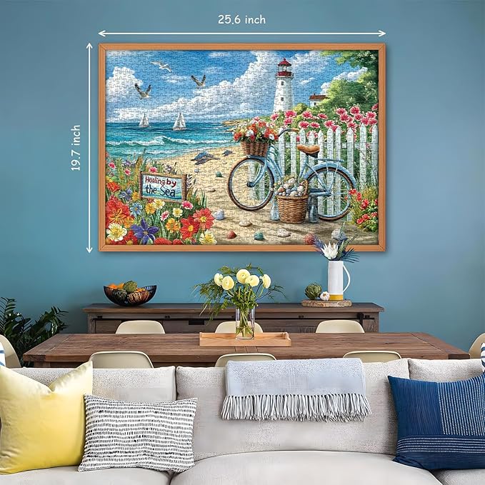 PICKFORU Beach Puzzles for Adults 1000 Pieces, Coastal Lighthouse Puzzle with Flowers Bike Sea Turtle, Nature Summer Ocean Jigsaw Puzzles, Seaside Scenery Challenge for Adults