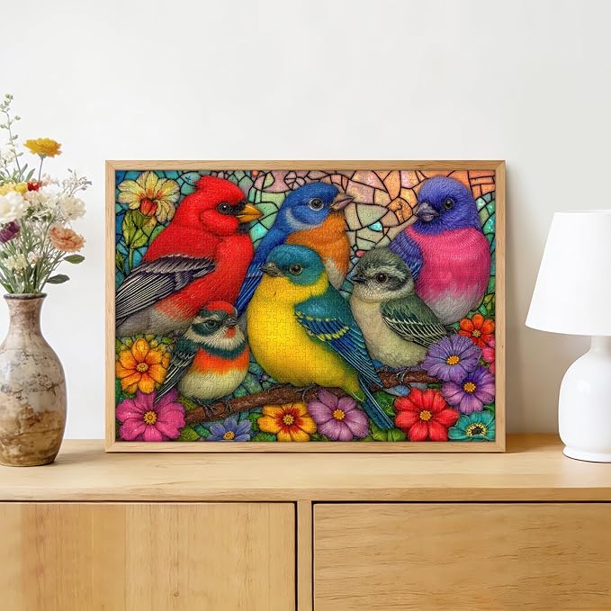 Stained Glass Birds 1000 Piece Puzzle for Adults - Colorful Avian Art, Vibrant Floral Scene, Poster & Lettered Back, 28"x20" HD, Gift for Bird & Art Lovers