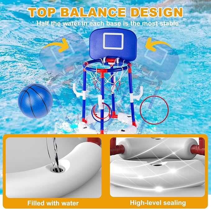 Taotuo Blue Floating Pool Basketball Hoop with Backboard, 2-in-1 Basketball & Ring Toss Game with 4 Balls, 6 Rings&Pump, Summer Pool Toys Outdoor Water Fun Family Party for Age 3-12
