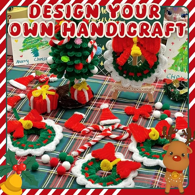 902 Pcs Christmas Pipe Cleaners Set Including 320 Pcs Pipe Cleaners 300 Pcs Pom Poms 150 Pcs Wiggle Googly Eyes Self Adhesive 120 Pcs Bells 12 Pcs Bows for Christmas Decoration DIY Art Supplies