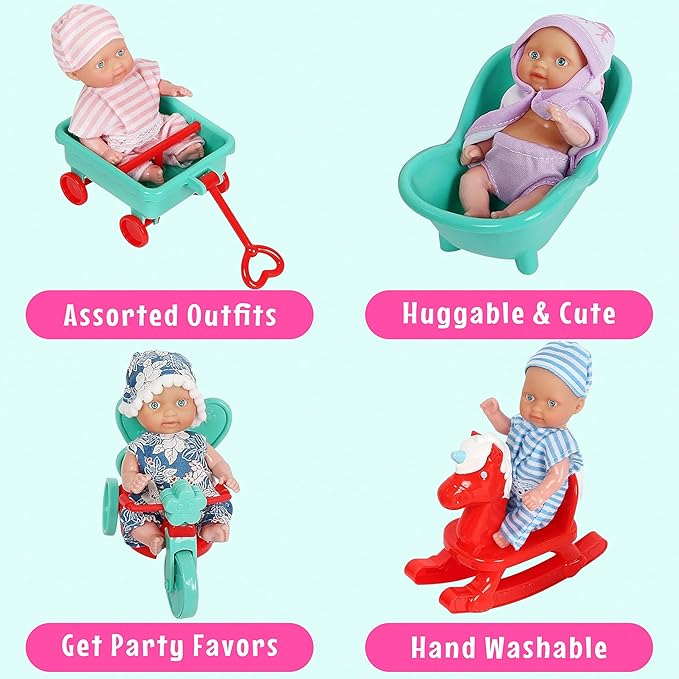 fash n kolor, 6 Mini Doll Set - 5" Inch Baby Girl Toy - Princess Toys Dolls - Baby Doll Crib, High Chair, Bathtub, Horse See Saw, Wagon and Bike Accessories - Dolls for 3+ Year Old Girls