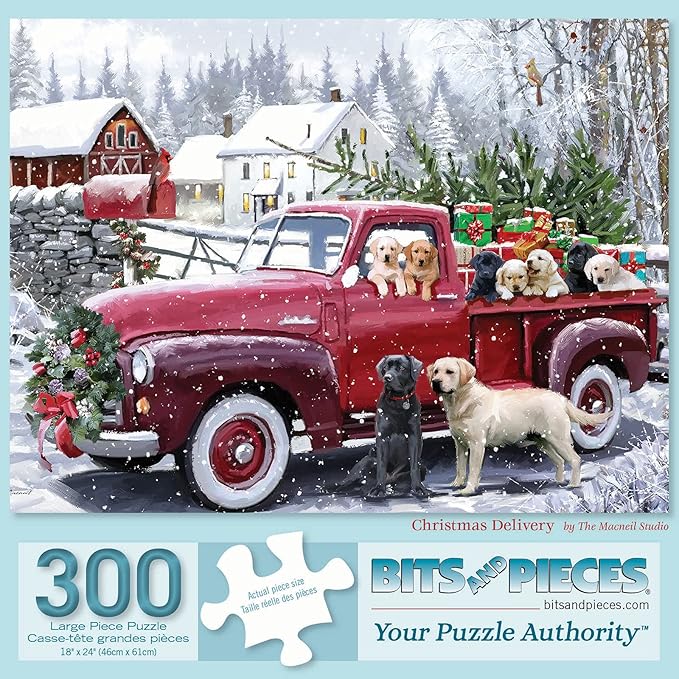 Bits and Pieces 300 Piece Puzzles for Adults 300 Large Pieces 15" x 19" Jigsaw Puzzles, Red Truck Presents Dogs, Random Die Cut, No 2 Pieces Alike, Christmas Delivery