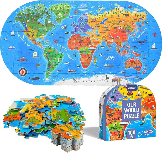 Mideer World Map Puzzle for Kids Ages 4-8, 100 Piece Floor Jigsaw Puzzle for Toddlers with Continents, Geography Educational Toys for Boys Girls, Globe Atlas Preschool Learning Game for Kids Ages 4-6