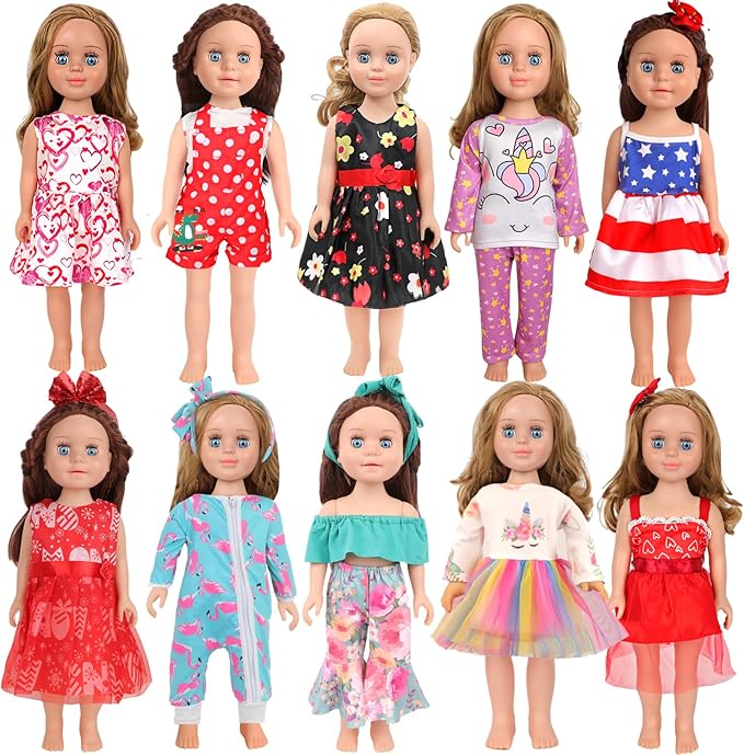 MSYO 10 Sets Doll Clothes for 17 - 18 Inch Dolls, Diverse Outfits (Floral, Polka Dot, Unicorn) & Accessories, Fashion Dress - Up Set for Girl Doll Play & Gifting
