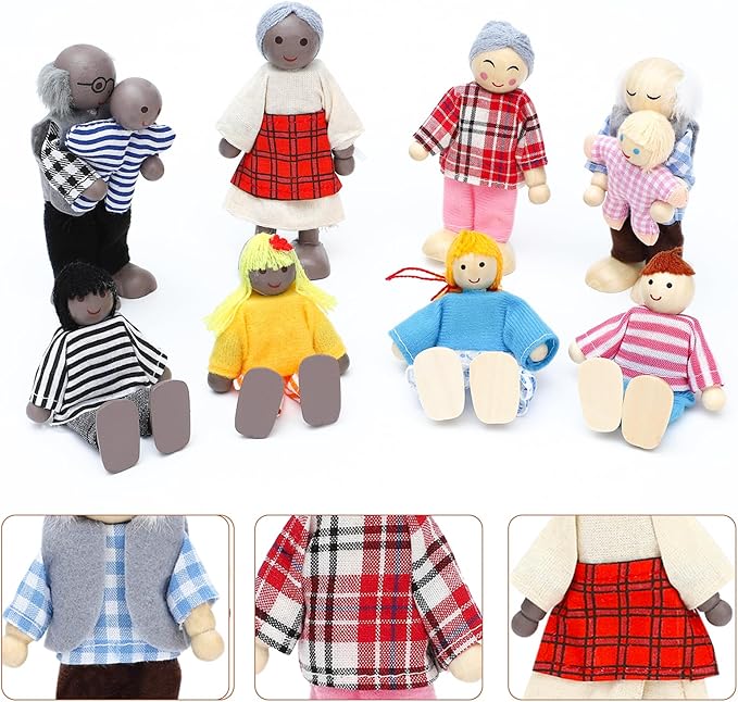 ONEST 17 Pieces Wooden Dollhouse Family Set Mini People Figures Sets Dollhouse Dolls Wooden Doll Family Pretend Play Figures Accessories for Pretend Dollhouse Toy