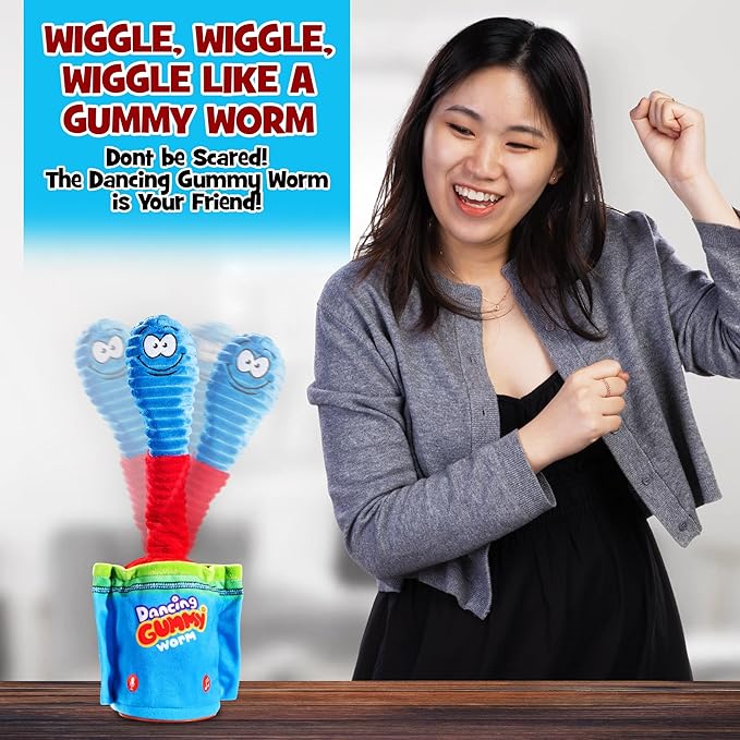 Gagster Dancing Gummy Worm, Interactive Talking & Singing Plush Toy, Lights Up, and Repeats What You Say - Funny Animatronic Toy for Kids, Gag Gift