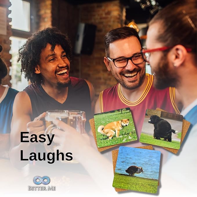 8 Pooping Dogs Funny Coasters for Drinks - Absorbent Cork Base Home Decor Coaster Set for Tabletop Protection, Dog Decor for Dog Lovers, Hilarious Drink Coasters Set Gag