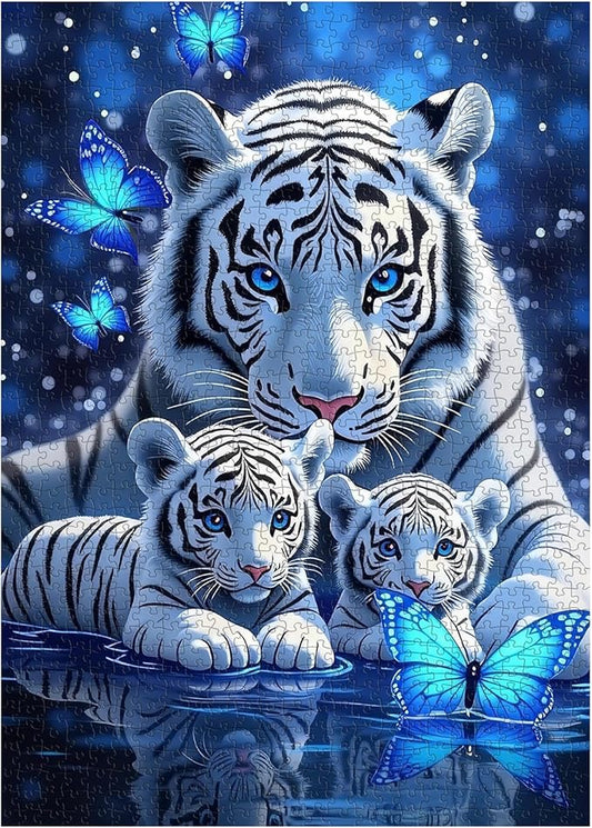 White Tiger Puzzles for Adults 1000 Pieces, Blue Butterfly Nature Jigsaw Puzzle, Challenging Wildlife Animal Art Puzzle, Beautiful Tiger Family Puzzle for Home Wall Decor