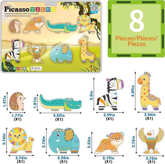 PicassoTiles Magnet Building Blocks 8 Safari Animal Magnetized Action Figures Compatible with Magnetic Assembly Build Tile Toys Accessory Toyset STEAM Educational Learning Girls Boys Ages 3+ PTA22