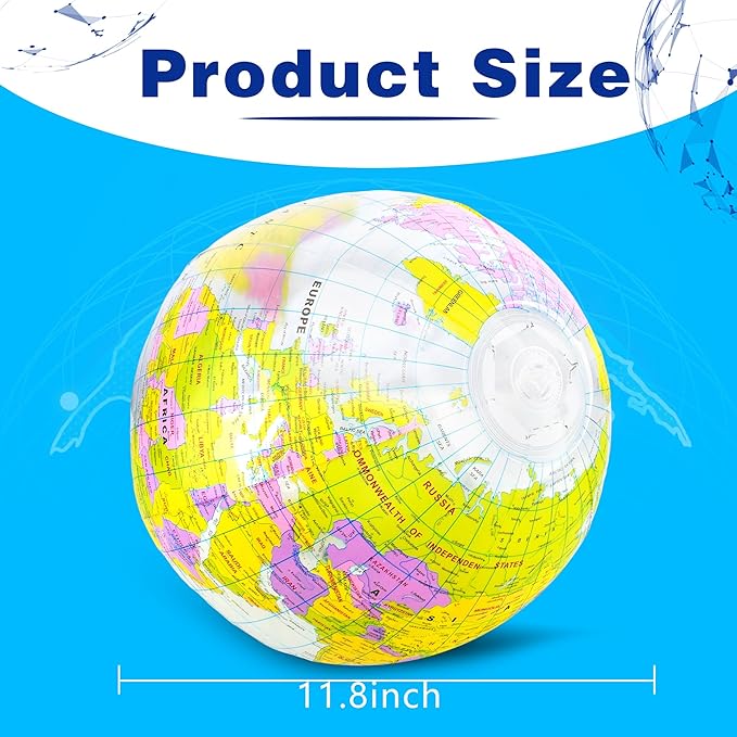 16 inches Inflatable Globe Blow up World Globe PVC Earth Beach Ball Globe Toys for Kids Swimming Pool Game Classroom Playing or Teaching Party Favors Decorations
