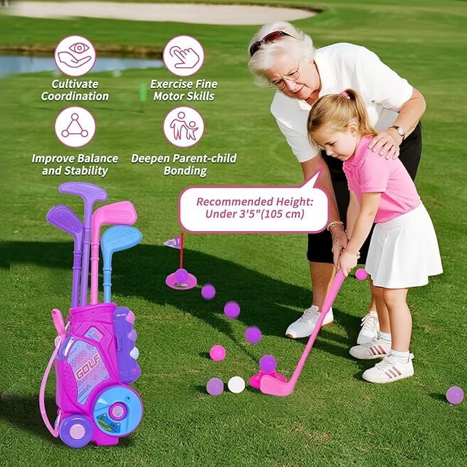 Nattork Toddler Golf Set with Putting Mat for Boys Girls Aged 1 2 3 Years Old, Upgraded Kids Golf Cart with 4 Clubs & 12 Balls, Outdoor Indoor Sports Toy Birthday Gift, Rose