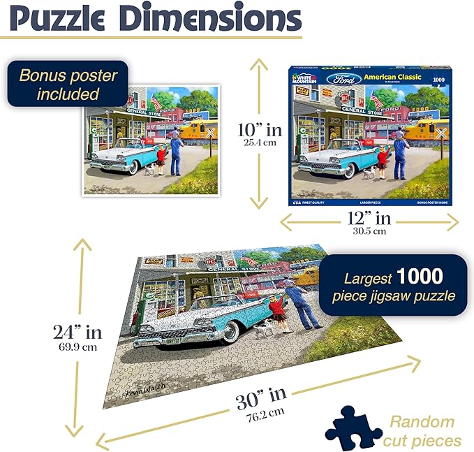 White Mountain 1000 Piece Jigsaw Puzzle Vintage Classic Car Scene Puzzles with Large Pieces for Adults and Family 24"x30" – Ford American Classic