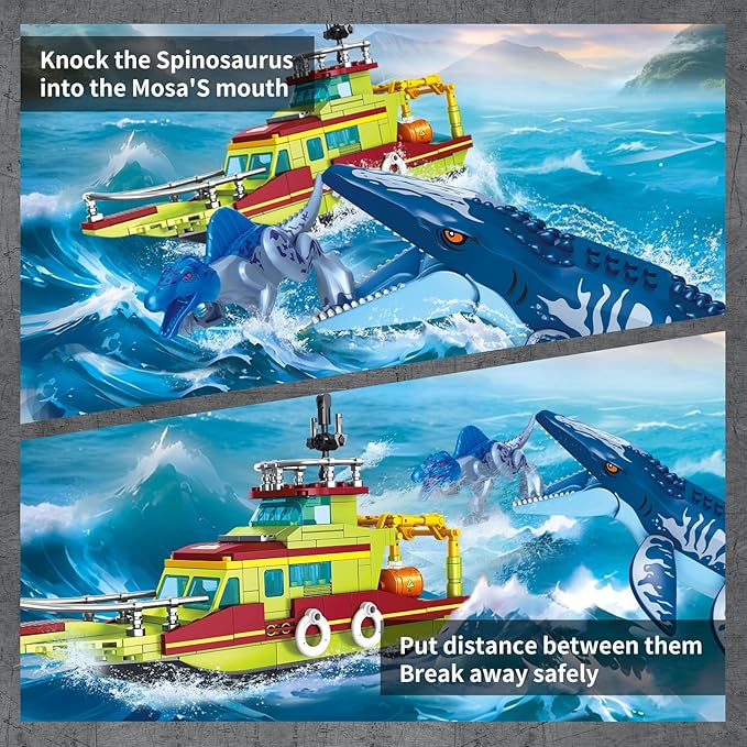 3 in 1 Sea Dinosaur Building Blocks Kit Set, Compatible with Lego Dinosaur World Park Spinosaurus Mosasaurus Discovery Crossing Ocean World Building Set, Boat STEM Toys Gift Kids Adults Boys Age 8-12