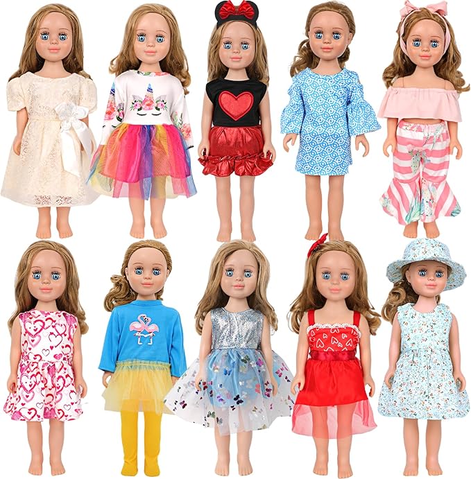 MSYO 10 Sets Doll Clothes for 17 - 18 Inch Dolls, 17 Pcs Diverse Outfits (Lace Dress, Unicorn Shirt & More), Fashion Dress - Up Set for Girl Doll Play & Gifting