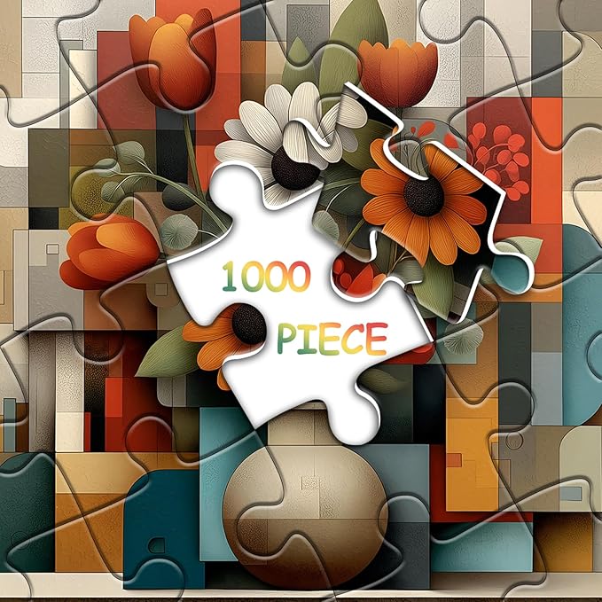 Flower Puzzles for Adults 1000 Pieces, Unique Floral Plant Jigsaw Puzzles Vase, Flower Bloom Puzzles with Geometric Background, Beautiful Floral Home Decor