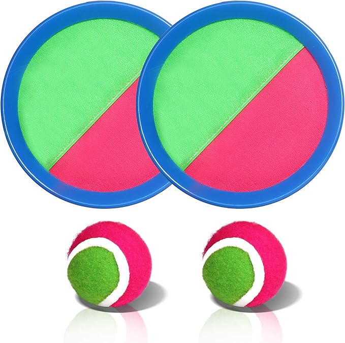 Novelty Place Toss and Catch Ball Set - Paddle toss Ball Toy Throw and Catch Game - Ball Catching Outdoor Sports Fun for Kids - 2 Self Stick Paddles, 2 Fuzzy Balls & A Storage Bag
