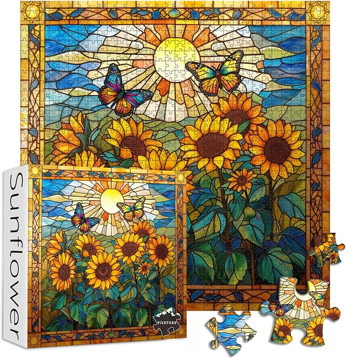 Stained Glass Puzzles for Adults 1000 Pieces and up, PICKFORU Sunflowers Puzzle as Home Decor, Butterfly Flower Puzzles as Home Decor