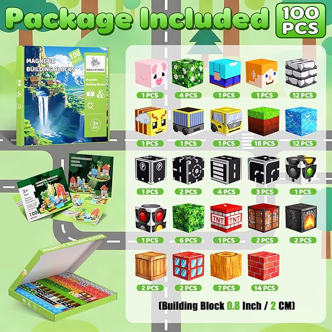 Magnetic Blocks, 100PCS Magnetic Building Blocks, Stacking Magnetic for Kids, Sensory Toy for STEM Constructions Magnetic Blocks for Boys Girls Age 3+, Holiday Birthday Gifts