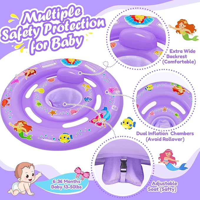 Baby Pool Float with UPF50+ Sun Protection Canopy, Inflatable Mermaid Baby Swim Float with Double Air Chambers, Adjustable Safety Seat & Toy Console Toddler Pool Float for 6-36 Months Boys Girls