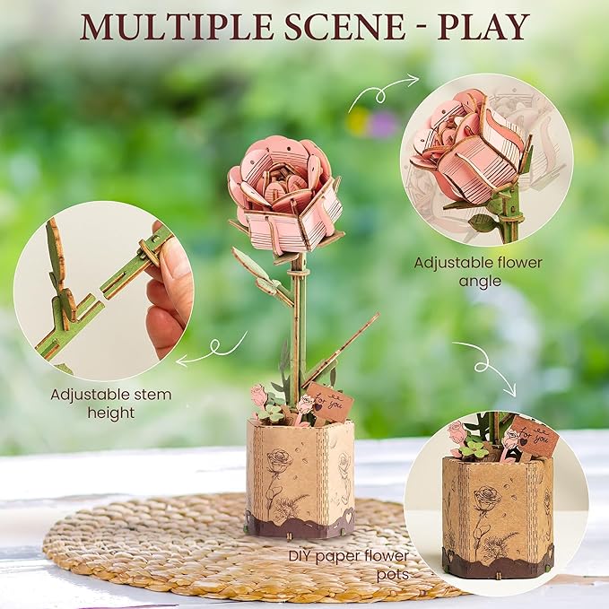ROBOTIME 3D Wooden Flower, Pink Rose TW041 DIY Craft Kit for Adults, Artificial Floral Decor for Table, Centerpiece, Gift for Women