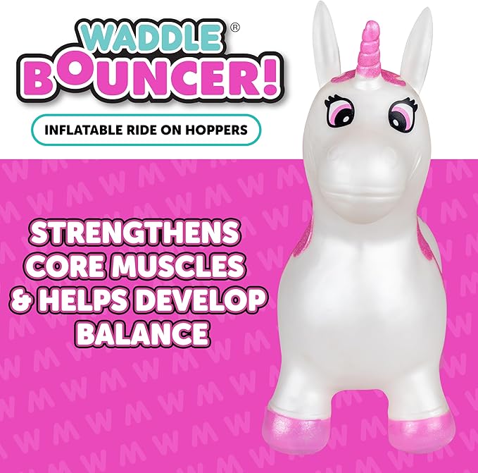 Waddle Bouncy Animal Hopper - Inflatable Hopping Animals, Indoors and Outdoors Fun, Pump Included, Riding Toys for Boys and Girls Ages 2 Years and Up, White Pink Unicorn