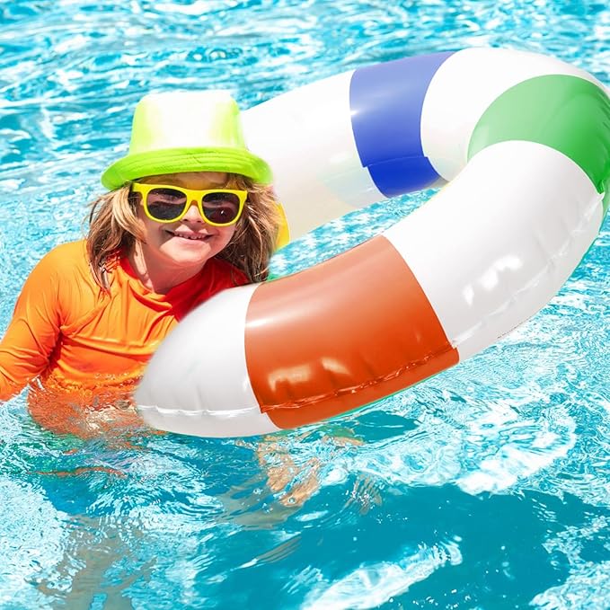 Whaline 4Pcs Inflatable Swimming Float Toy Striped Swim Ring Fun Print Pool Lounger Tube for Summer Swimming Beach Party