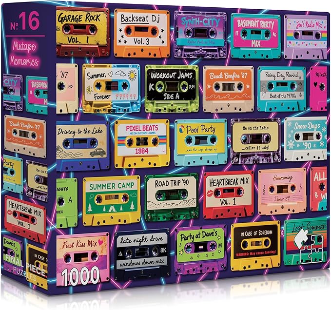 Mixtape Memories (No. 16) – 1000 Piece Retro Jigsaw Puzzle for Adults | Printed in USA | Satin Low-Glare Finish | Random Ribbon Cut | Bonus Poster | Premium Display-Worthy Box | Final Piece Puzzles