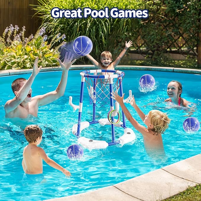 Pool Basketball Hoop for Kids, 2-in-1 Floating Pool Water Play Toys and Ring Game with 4 Balls and Pump, Outdoor Summer Swimming Pool Basketball Games Family Party for Kids Adults (Blue)