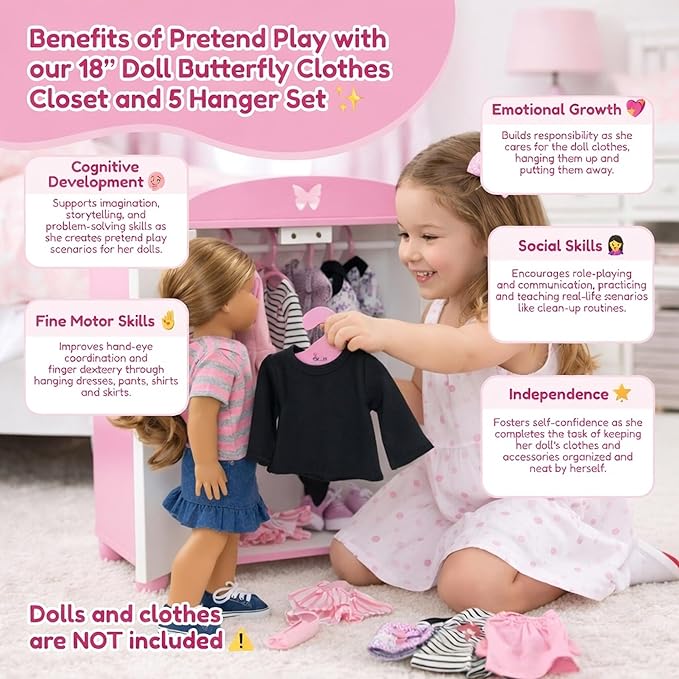 Emily Rose 18 Inch Doll Closed Door Clothes and Accessories Closet – Butterfly Furniture Collection – Fits 18” Dolls Like American Girl Our Generation Adora My Life As – Includes 5 Hangers – USA Brand