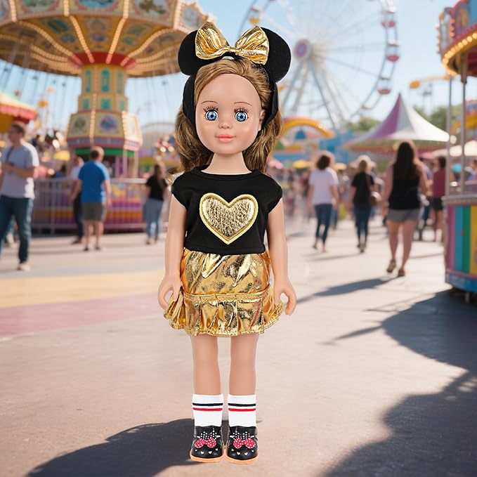 MSYO 18 Inch Doll Clothes and Accessories Set,Black Gold Heart Top & Metallic Gold Skirt Outfit with Mouse Ears Headband,Sunglasses,Socks,Shoes,Bracelet,Fits 16-18 Inch Baby Dolls(Gold)
