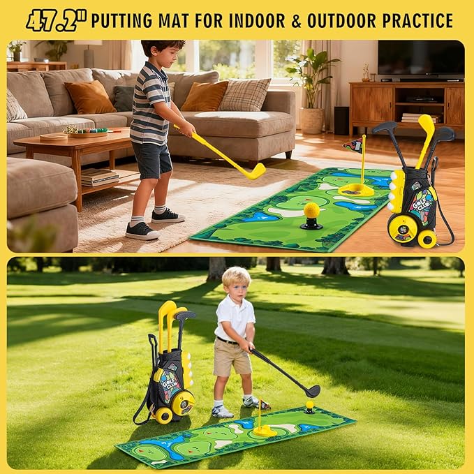 Toddler Golf Set with Wheeled Cart, Kids Golf Clubs Toy with 47.2" Putting Mat, Upgraded Handles, 8 Balls & Training Accessories, Indoor Outdoor Golf Toys for Boys Girls Ages 3-8
