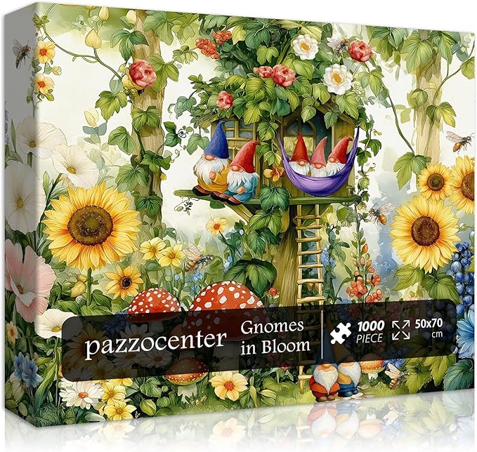Garden Gnomes Puzzles for Adults 1000 Pieces, Sunflower Plant Bee Themed Jigsaw Puzzles, Nature Treehouse Puzzle with Flower, Funny Gnomes Floral Mushroom Wall Art