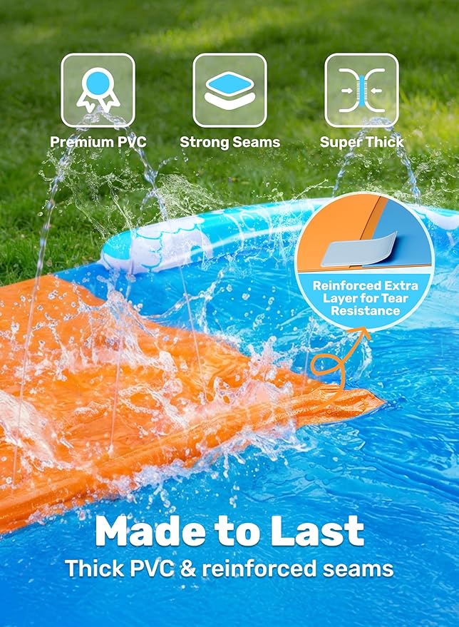JOYIN 32.5FT Water Slide and 2 Inflatable Boards, Extra Long Double Lawn Heavy Duty Splash Mat Pad with Sprinkler for Kids Adults Backyard Summer Water Toy Outdoor Fun, Blue, Orange