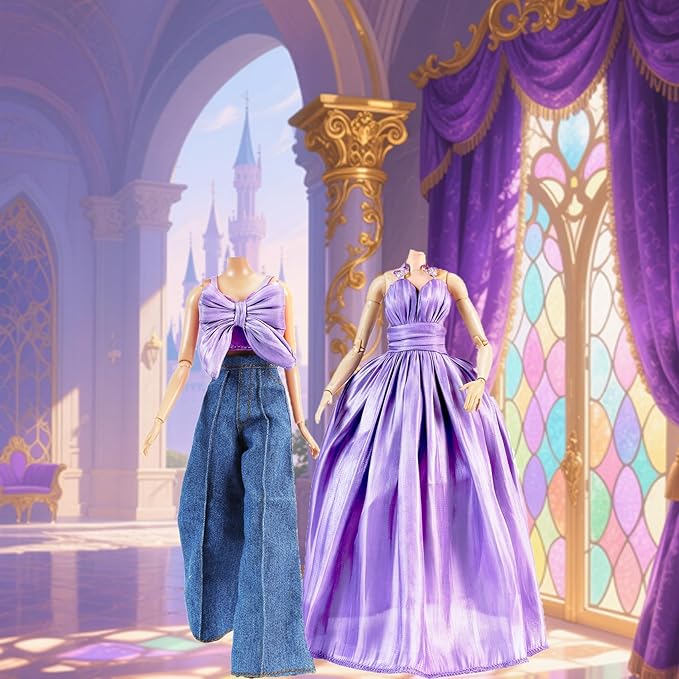 E-TING 2 Sets Doll's Dream Outfits: Shiny Glitzy Gala Purple Dress and Bell-Bottom Jeans Set for 11.5 Inch Girl Doll