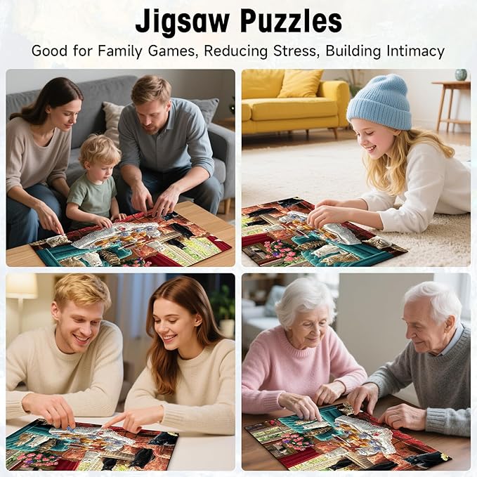 Cat Afternoon Tea Puzzles for Adults 1000 Pieces, Vintage Cat Jigsaw Puzzle with Letters on Back, 28x20 Inch Wall Art, Hard Challenging Family Game, Easter