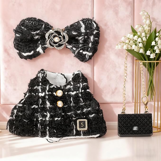 Doll Clothing Set (No Doll), Cute Bow, Crossbody Bag, Dress, Suitable for 15-17cm Dolls, Outfit Accessory Set for Unique Styling (Black-D)