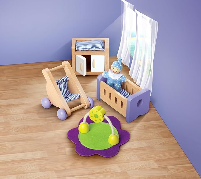 Hape Wooden Doll House Furniture Baby's Room Set with Baby| Pretend Playset for Kid’s Wooden Dollhouse
