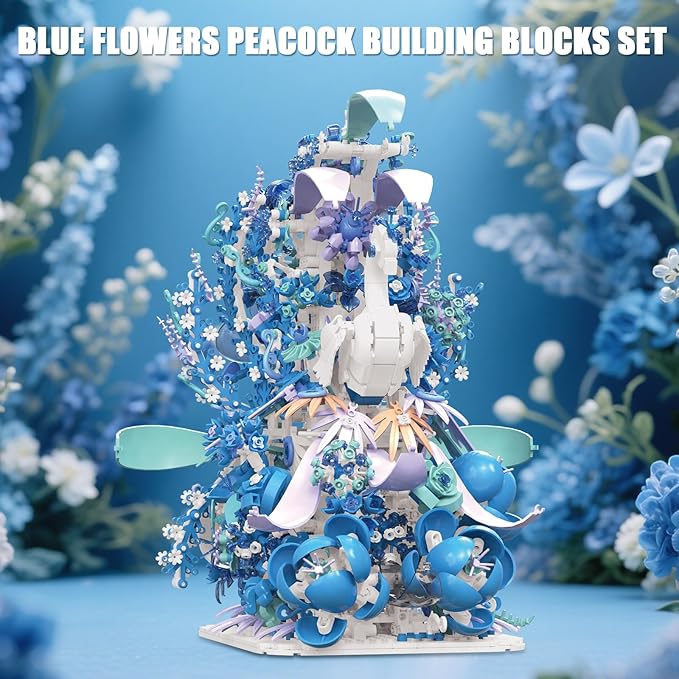 Blue Flowers Peacock Building Set for Adults - Creative Animal Botanicals Peacock Bird Toy Home Office Art Deocr, Compatible with Lego, for Women Mom (2470 PCS)