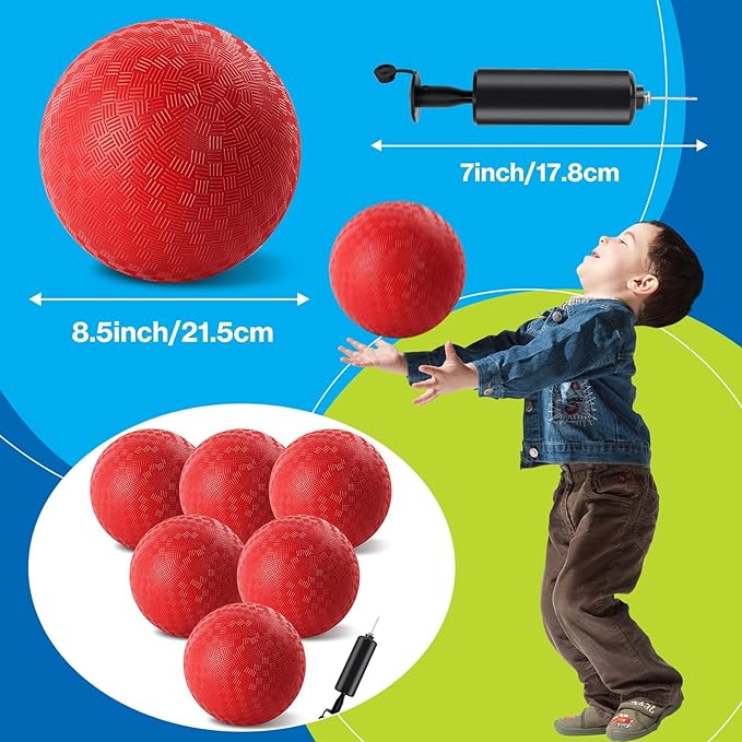 6 Pcs Dodgeballs 8.5 Inch Playground Ball Red Kickball Inflatable Rubber Handball Bouncy Dodge Ball with 1 Hand Pump for Outdoors Ball Games Gym Camps Picnic (Needle is at The Top of the Pump)