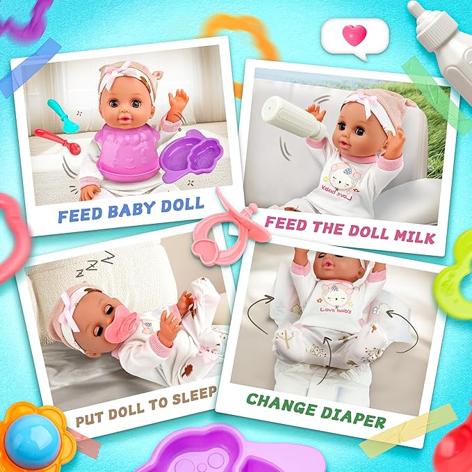 SMILESSKIDDO 14" Baby Doll with Washable Dolls Accessories, Lifelike Soft Babydoll Pretend Play Includes Carrier Bassinet Bed, Doll Clothes, Feeding Set, Gift Idea for Girls 1 2 3+ Year Old
