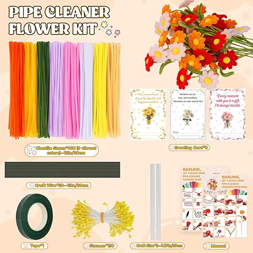 900PCS Pipe Cleaners Flower Kit, Pipe Cleaner Bulk Craft Flower Making Kit with Instruction, 8 Colors Thick Chenille Stems for Arts DIY Craft Supplies with Greeting Card, Floral Wires, Tape, Stamen