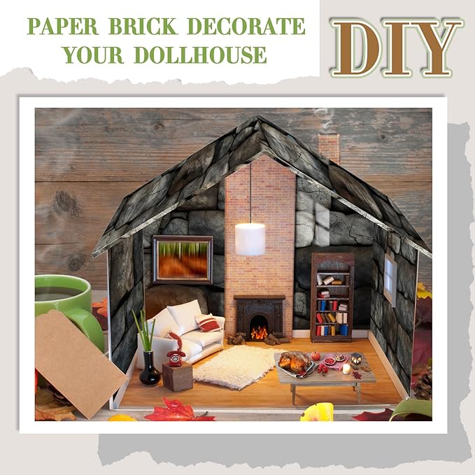Flutesan 12 Pcs Miniature Dollhouse Wallpaper and Flooring Peel and Stick Mini DIY Self Adhesive Dollhouse Accessories 8.27 x 11.69 Inch (Stone Pattern)